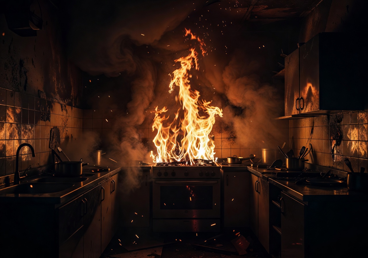 Dark kitchen with cinematic fire flames